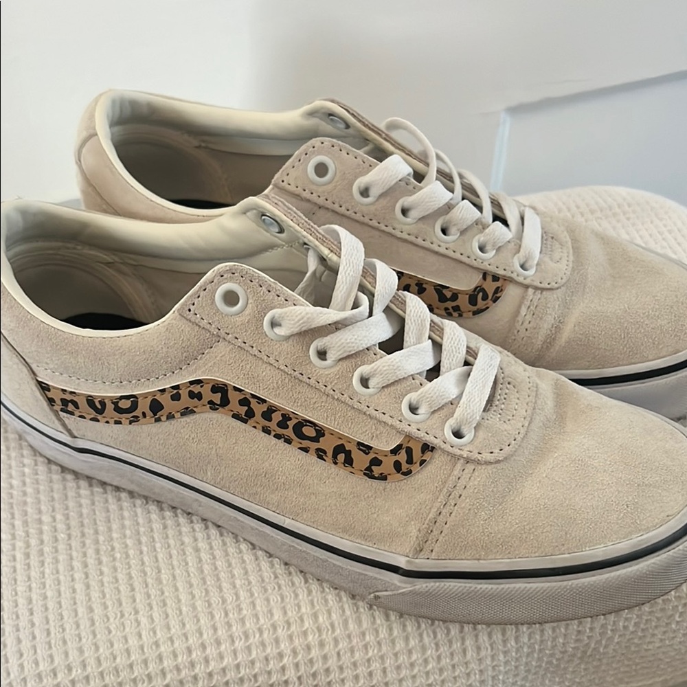 Vans Cream and Tan Sneakers with Leopard Accent
